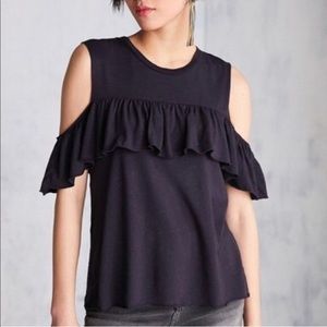 OU Black Ruffle Cold Shoulder Top